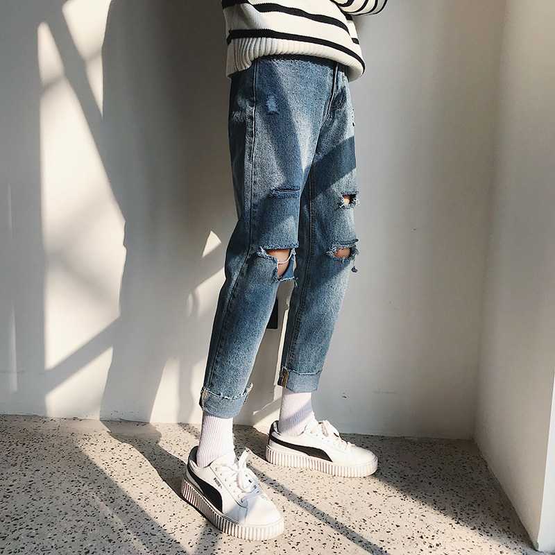夏季年轻男九分裤膝盖破洞牛仔裤港风原宿休闲日系运动潮男裤9分