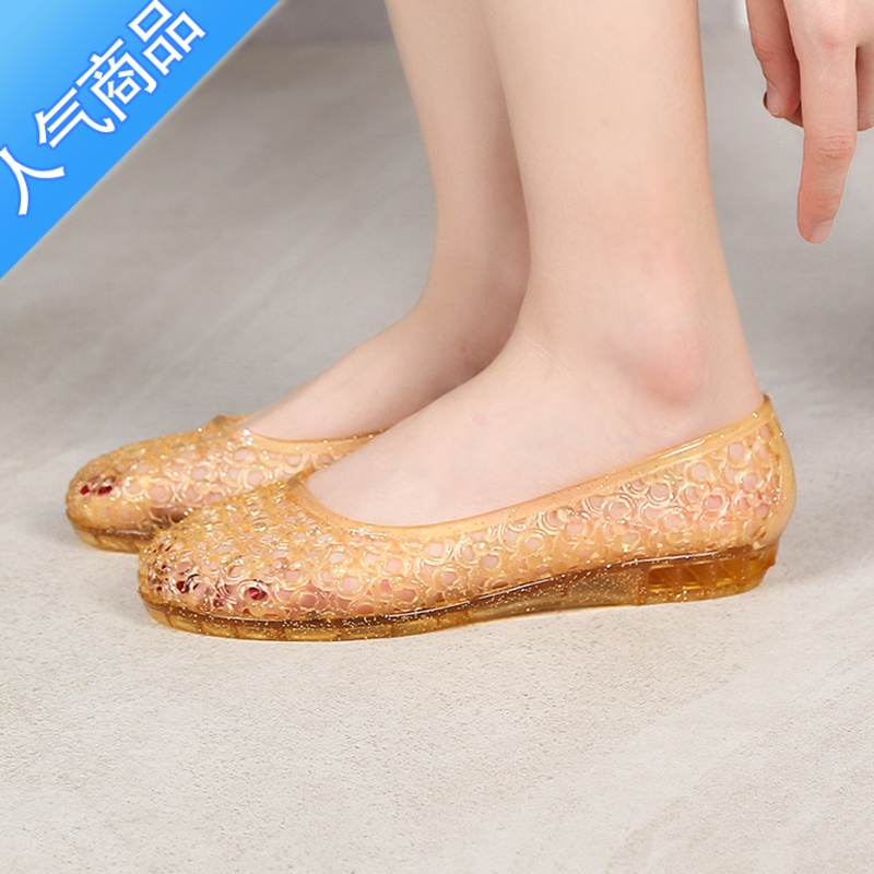 SUNTEK网红水晶果冻镂空凉鞋女夏防滑坡跟妈妈外穿时尚简约包头T头女外高清大图