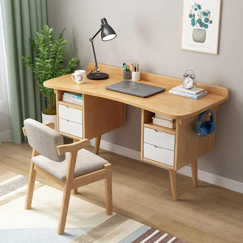绵冠(MIANGUAN)实木书桌北欧网红电脑桌学生学习桌办公桌家用卧室带抽屉桌子+椅子 1.4米原木色（双边抽屉）