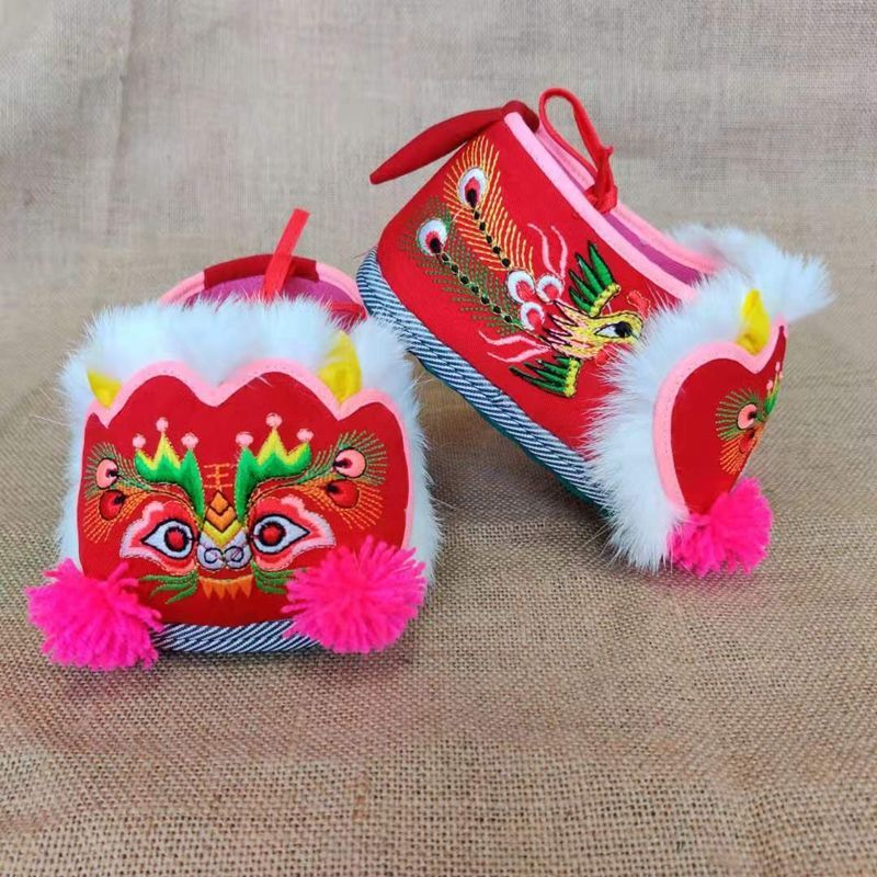虎头鞋婴儿传统手工连脚包脚套脚棉裤老虎头鞋男女宝宝抓周猫头鞋红色