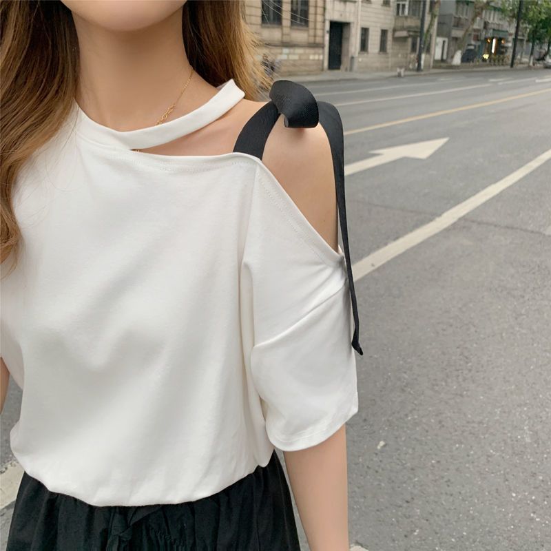 筱姿纯棉短袖t恤女夏季宽松露肩漏肩绑带半袖设计感小众上衣ins潮