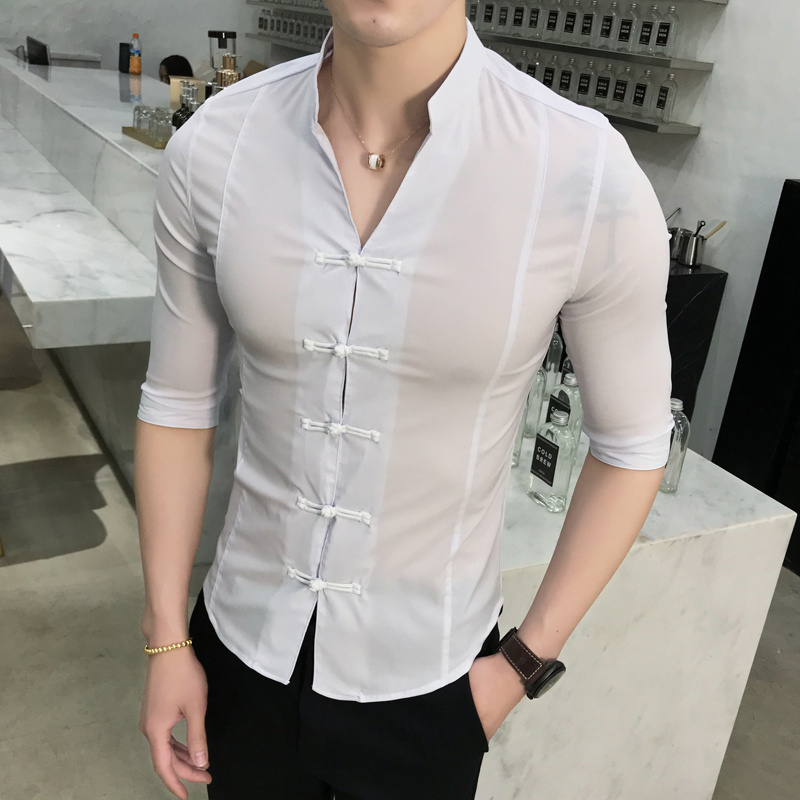 中国风夏季七分袖纯色衬衣男士青年型师修身V领中袖盘扣衬衫男