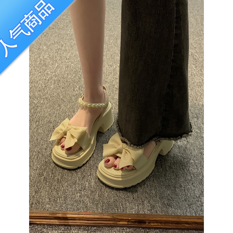 SUNTEK凉鞋女2023新款夏季蝴蝶结仙女风厚底珍珠一字带时尚露趾款0时夏高清大图