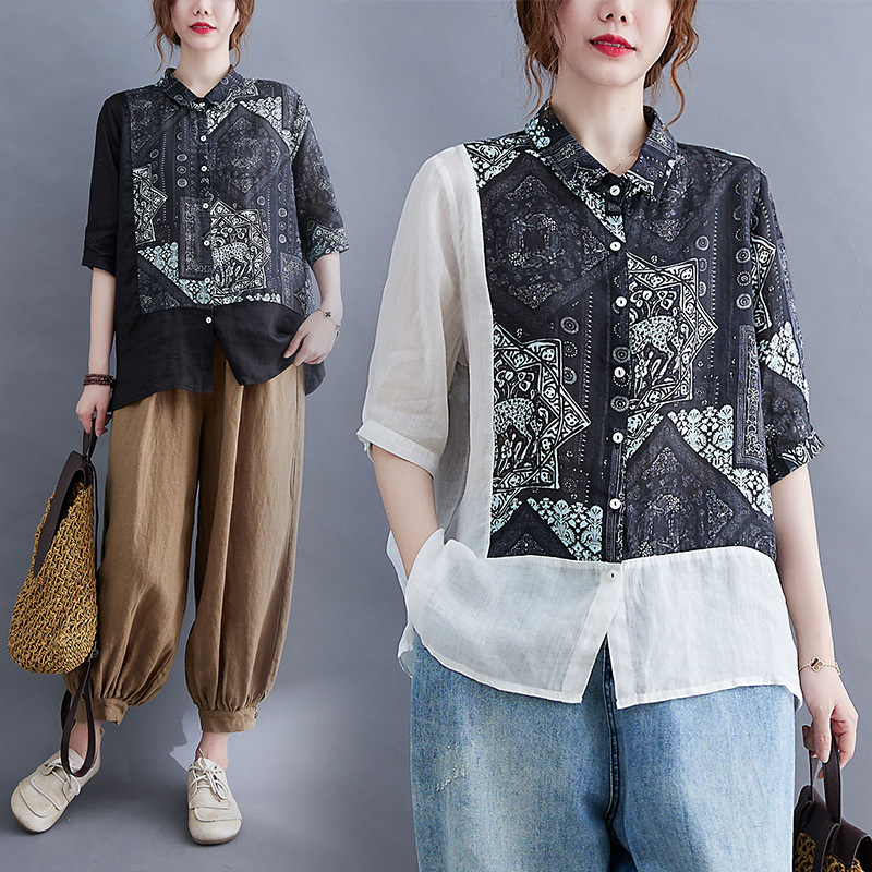 夏季文艺大码女装复古印花拼接半袖衬衫上衣