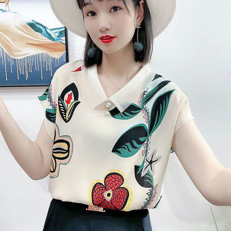 衬衫女2021夏季新款时尚印花上衣气质娃娃领洋气雪纺衫宽松T恤潮 绿色水墨画 好面料 XXS 成人40斤内