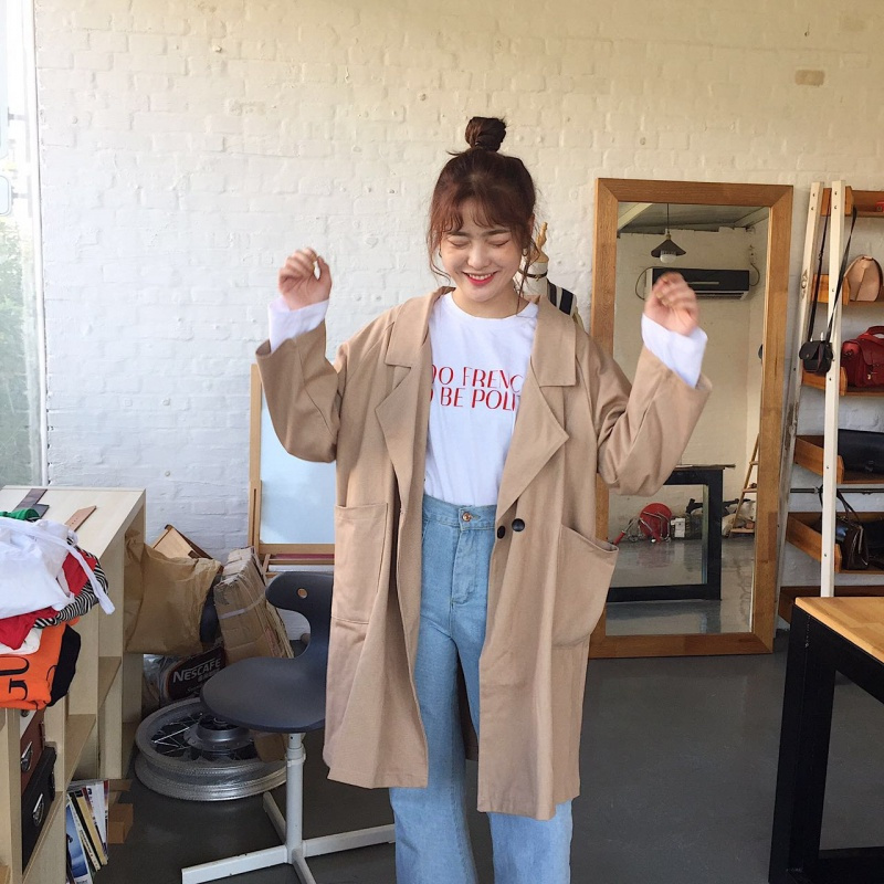 2018秋季新款韩版学生宽松bf百搭卡其色风衣女中长款港风chic外套