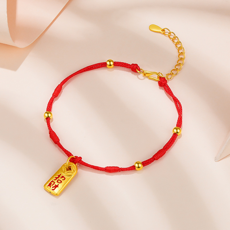 周六福zhouliufu黄金手链女足金定价纳福如意大吉吊坠红手绳官方正品