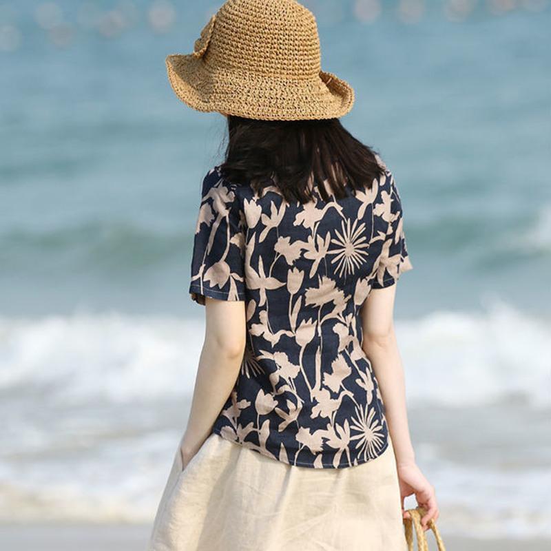 亚麻小立领碎花女装衬衫高雅气质文艺棉麻小衫2021夏天新款女 蓝色 S 88斤-94斤
