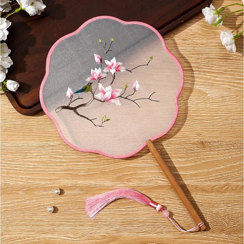 团扇古风扇子儿童夏半透长柄流苏舞蹈扇女古装汉服旗袍刺绣小圆扇- 芳华（双面刺绣）