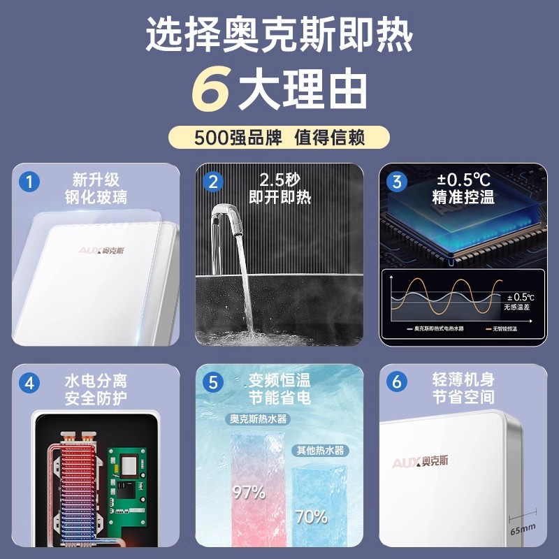 奥克斯即热式电热水器家用卫生间小型恒温洗澡专用速热即热热水器DSK-85K512 8500W 黑色高清大图