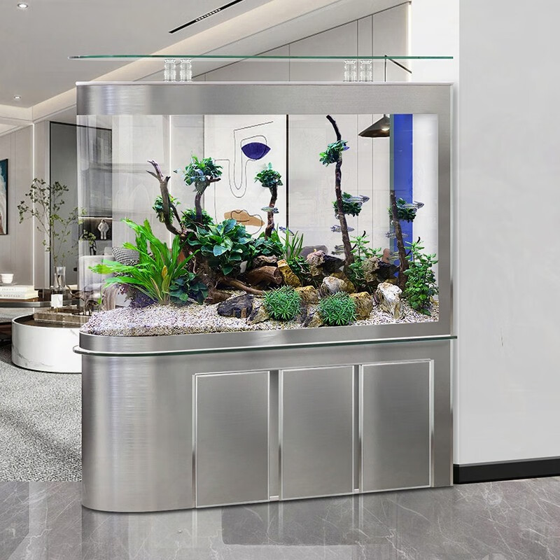 简约底滤屏风鱼缸客厅生态免换水玄关隔断水族箱中大型家用落地热弯玻璃鱼缸