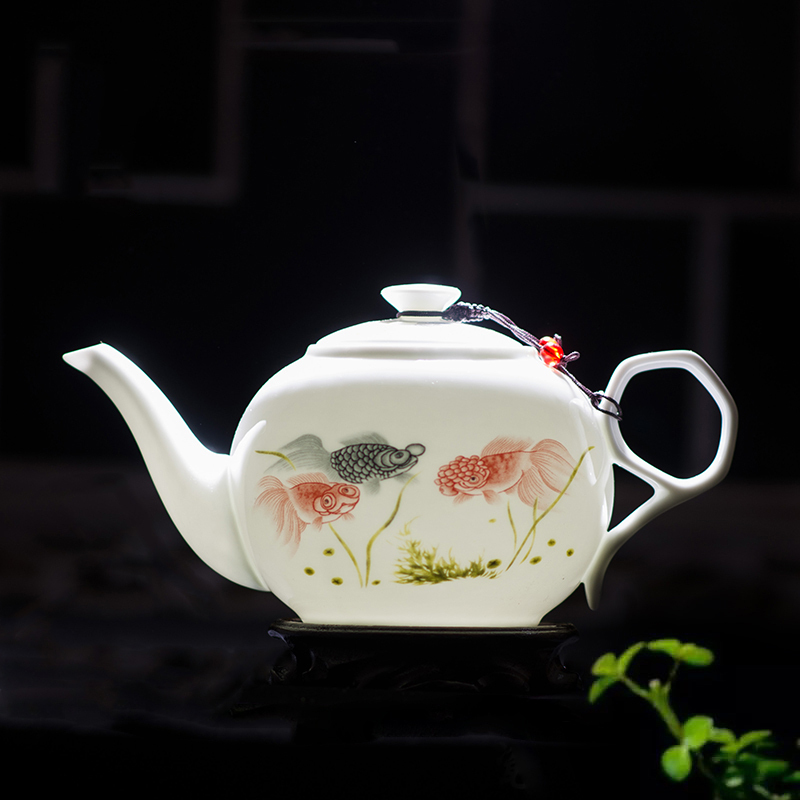 瓷物语CIWUYU家用茶具1000ML 陶瓷大茶壶单壶耐热防暴景德镇青花瓷薄胎瓷(金鱼茶壶 )