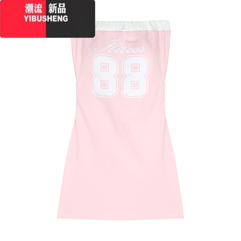 YIBUSHENG撞色印花抹胸连衣裙女季紧身短裙小个子辣妹裙子褶皱收腰包臀裙