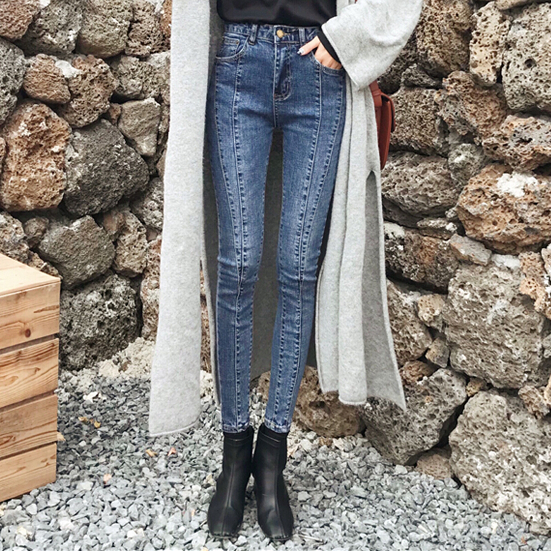 春装女装韩版高腰显瘦修身打底裤铅笔裤百搭牛仔裤小脚裤学生长裤蓝色