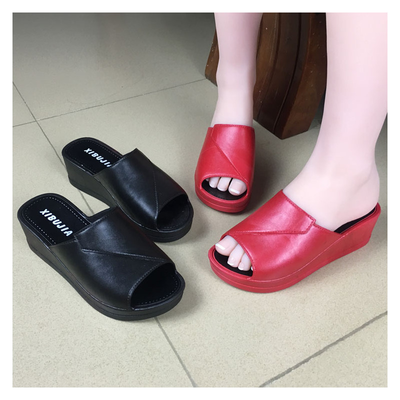暖青汇鱼嘴拖鞋女坡跟厚底一字拖鞋夏季时尚外穿松糕海边外出高跟凉