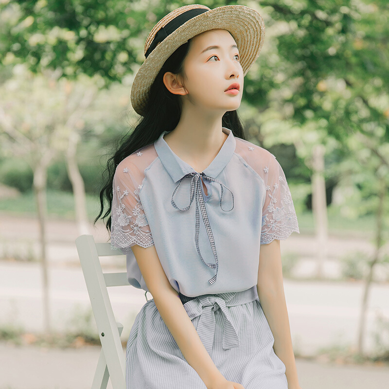 小清新上衣森女系短袖衬衣雪纺衫女夏装新款蕾丝拼接
