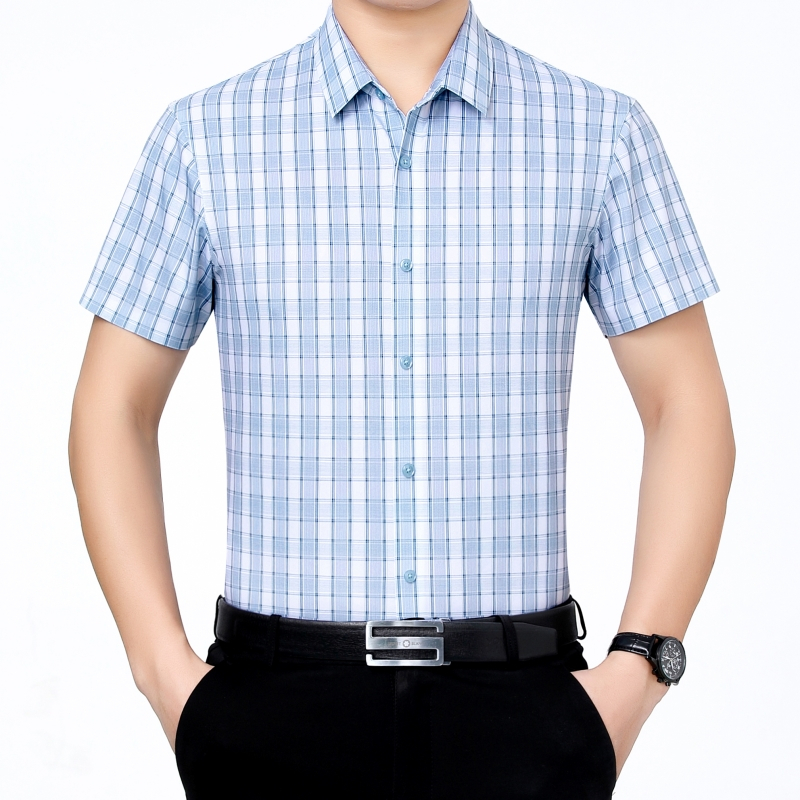 罗曼阿玛尼男装官方旗舰店2021新款品牌男士衬衣格子休闲百搭立领商务短袖衬衫男B221-78028