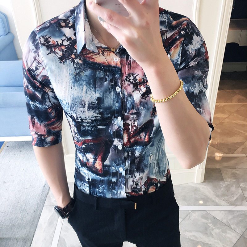 夜店型师潮男印花修身中袖衬衫雅痞风型男时尚七分袖衬衣男上衣