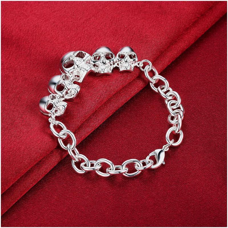 H486Women Silver Bracelet女生饰品另类骷髅头手链镀925纯银复古送女朋友七夕情人节礼物