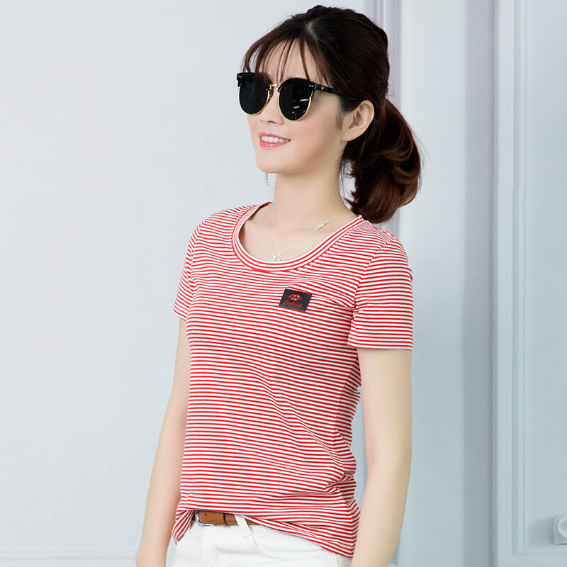 v领修身条纹t恤短袖女夏装2018新款韩版棉百搭半袖显瘦打底衫潮视频