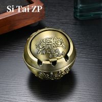 烟灰缸创意个性潮流家用客厅防飞灰密封带盖轻奢金属高档大号球型 玫瑰花 (古铜色)直径9厘米