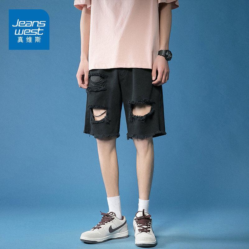 真维斯嘻哈网红破洞牛仔短裤男夏季薄款高街潮流五分裤宽松中裤子