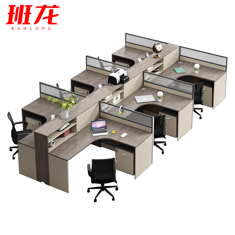 班龙办公电脑桌六人位+柜+椅套高清大图