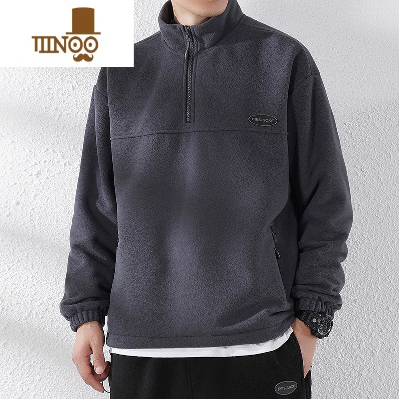 YANXU美式半拉链卫衣男抓绒胖子宽松加肥加大码套头立领摇粒绒外套高清大图