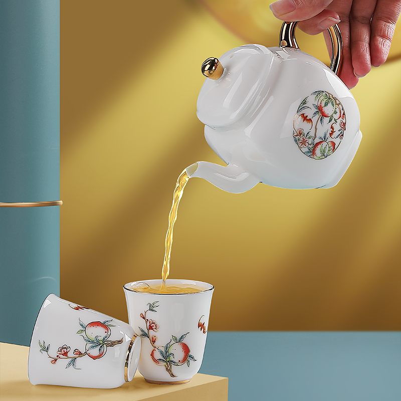 苏氏陶瓷(SUSHI CERAMICS)功夫茶具套装国潮五福捧寿手绘描金文创礼品茶壶款礼盒套装高清大图