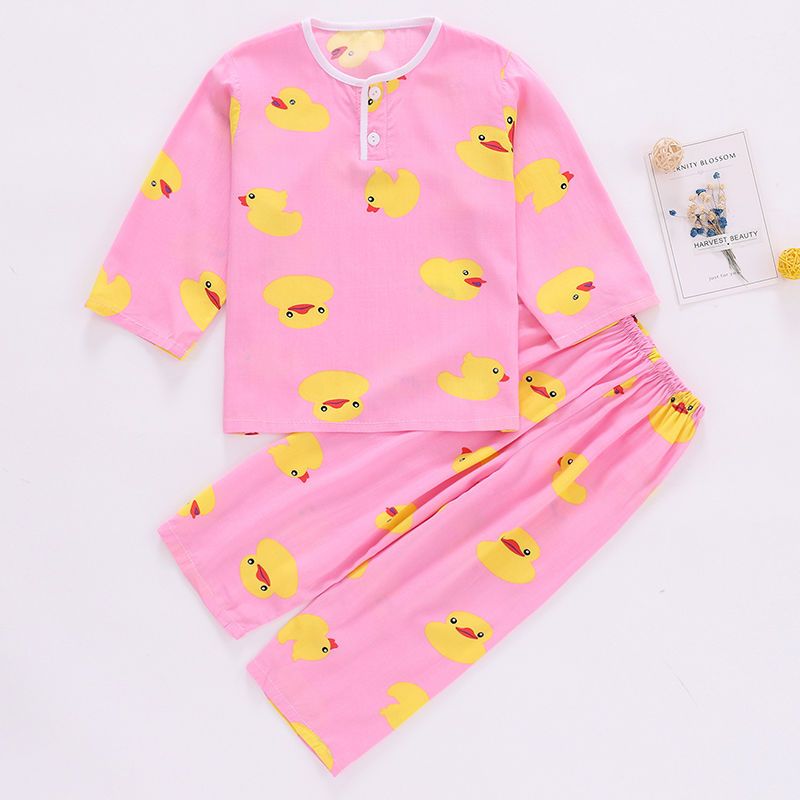 春夏季儿童绵绸睡衣套装女生棉绸男童女童大童宝宝薄款长袖空调服tcvv