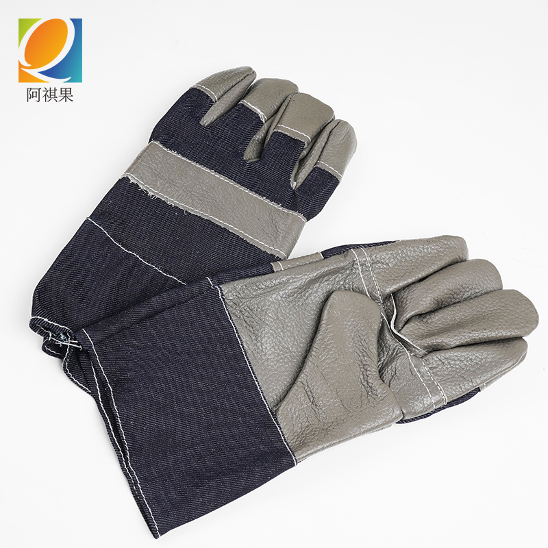 阿祺果 半皮手套 牛仔布头层皮 副高清大图