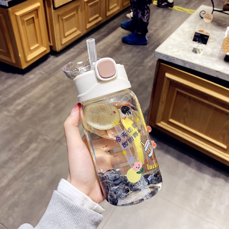 夏天用杯子玻璃透明便携耐高温女学生韩版可爱高颜值水杯带吸管杯 努力赚钱小女孩-350ml 单杯子+杯刷