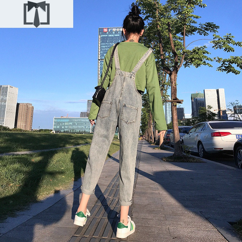 SUNTEK牛仔背带裤女韩版宽松2020年秋季新款九分小个子阔腿直筒显瘦裤子休闲裤