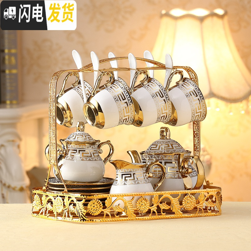 三维工匠描金水具套装客厅家用欧式陶瓷杯子耐热冷水壶凉水壶水杯具带架子 兰花-1壶6杯碟勺+架+配套果盘高清大图