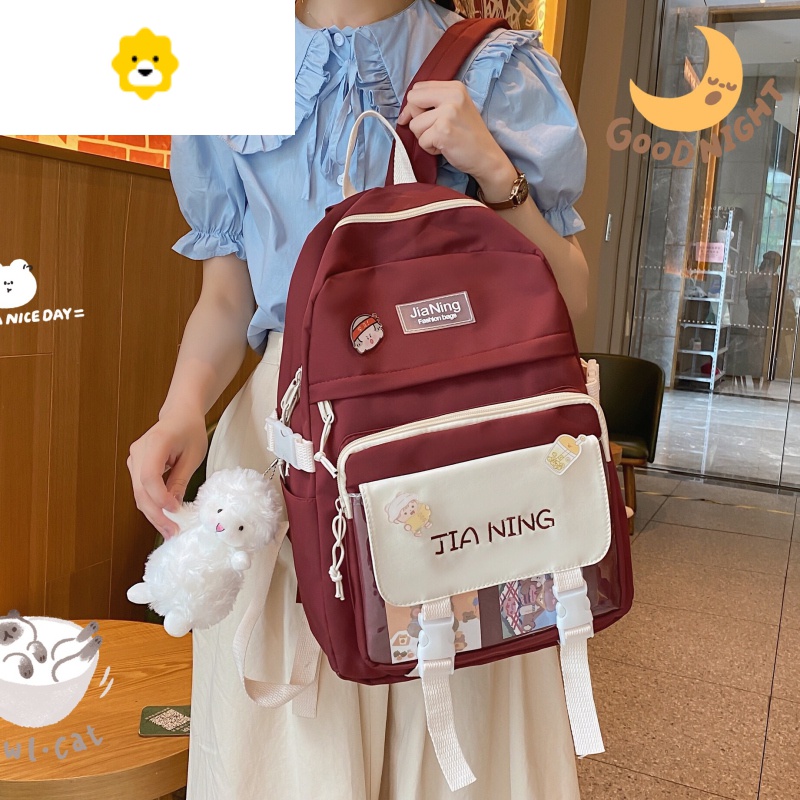 FENGHOU初中生女书包小学生三到六年级2021年新款韩版高中生简约双肩背包_904 红色《带小羊挂件》【送徽章+卡片】