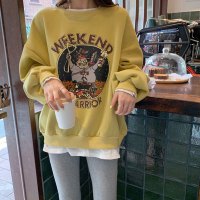 假两件加绒卫衣女秋冬新款宽松韩版卡通学生上衣女装 L 黄色