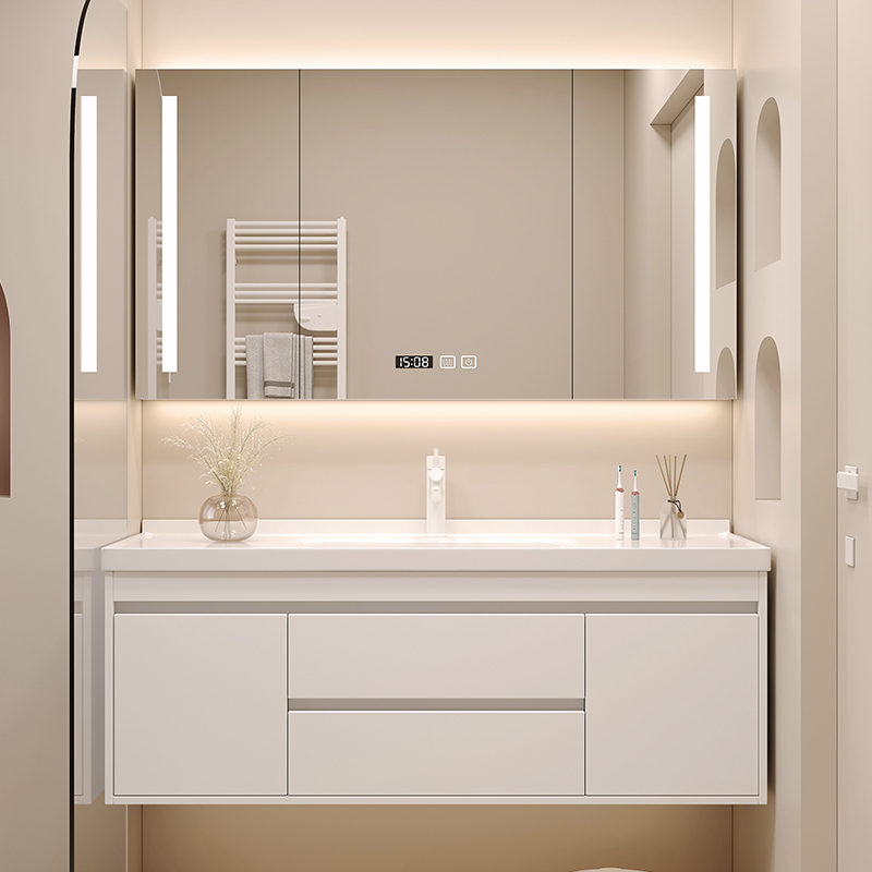 邦云奶油风浴室柜陶瓷一体盆组合现代智能洗手洗脸盆卫生间洗漱台套装高清大图