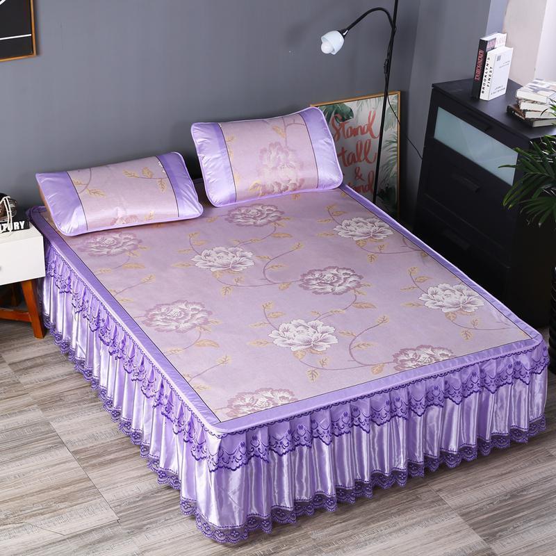 美帮汇冰丝凉席床裙款三件套可拆卸 夏季蕾丝1.5米1.8m空调软凉席可折叠 紫罗兰佳期如梦-紫 1.5m（5英尺）床