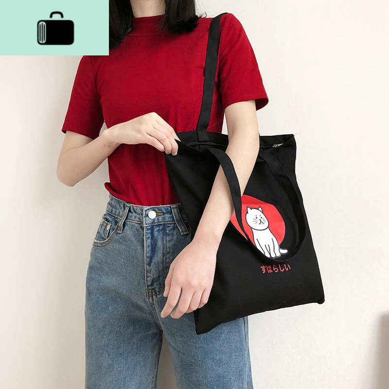 小熊帆布包女单肩手提可爱韩版学生拉链小清新ins帆布袋便携布包new