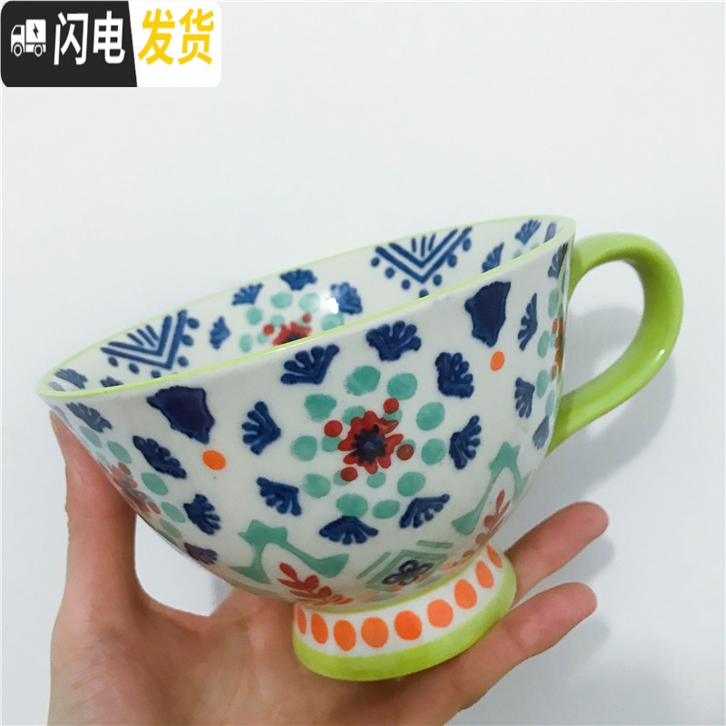 三维工匠又又海英伦陶瓷手绘杯子彩色花朵小清新大容量早餐杯情侣马克杯_934 绿色小碎花 默认尺寸