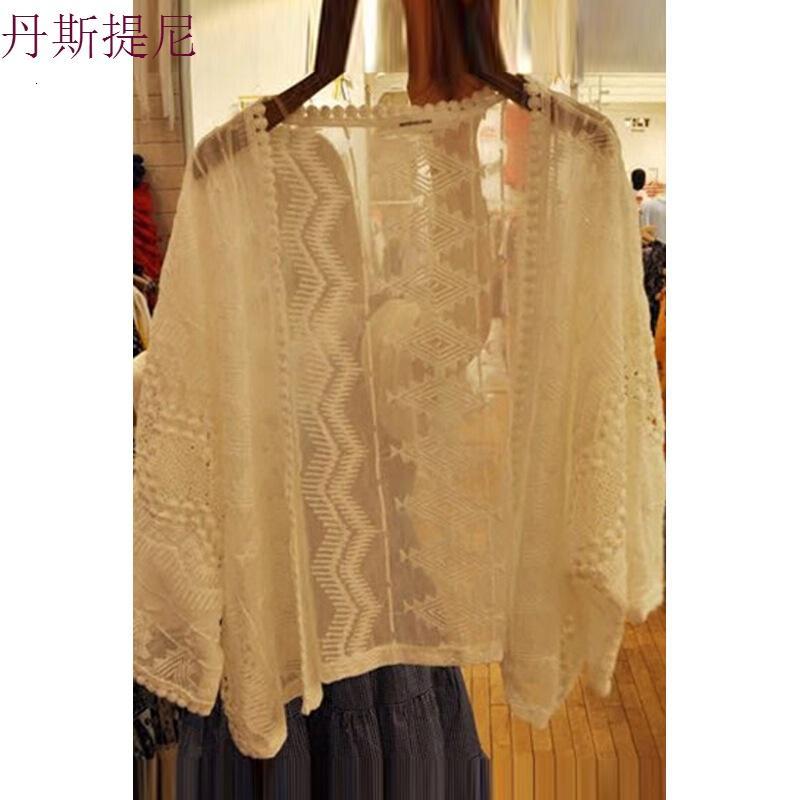钩花镂空花边蕾丝衫开衫女2018春夏装新款宽松韩范长袖网纱上衣服 白色 均码
