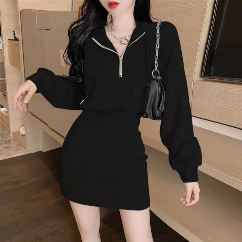 纯欲风辣妹短款连帽卫衣裙春夏长袖收腰包臀短裙小个子黑色连衣裙