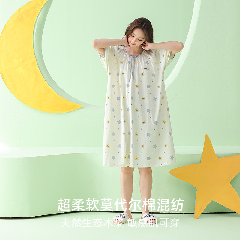 米奇喵[超柔软]莫代尔a类星星印花睡裙女夏宽松圆领短袖透气减龄居家 星星印花睡裙 尺码备注高清大图