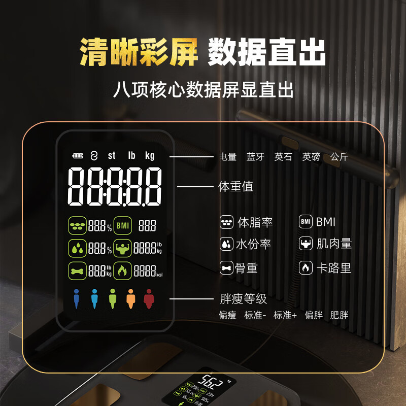 沃莱八电极智能彩屏体脂秤FG2001ULB 300*300*25mm 黑色高清大图
