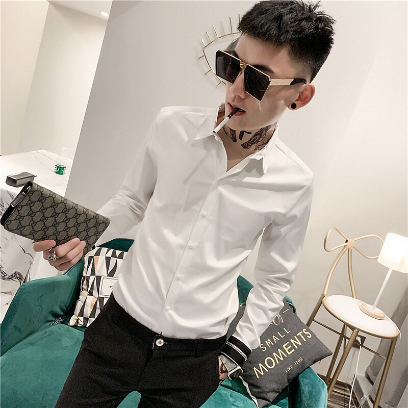 梵克公牛牌衬衫男夏季时尚流修身纯色帅气休闲发型师长袖衬衣