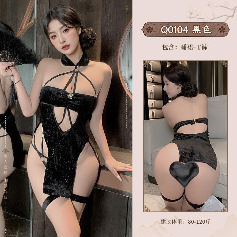 九里晴川Q0104丝绒镂空挂脖蜘蛛旗袍免脱性感诱惑高腰开叉连衣裙 九里晴川Q0104【丝绒连衣裙】 均码_844_171高清大图