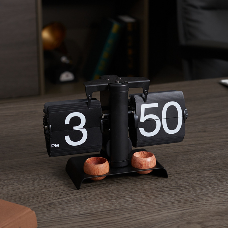 欧式自动翻页钟复古简约家居客厅座钟小天平机械自动翻页时钟【4】 带香檀木全黑款