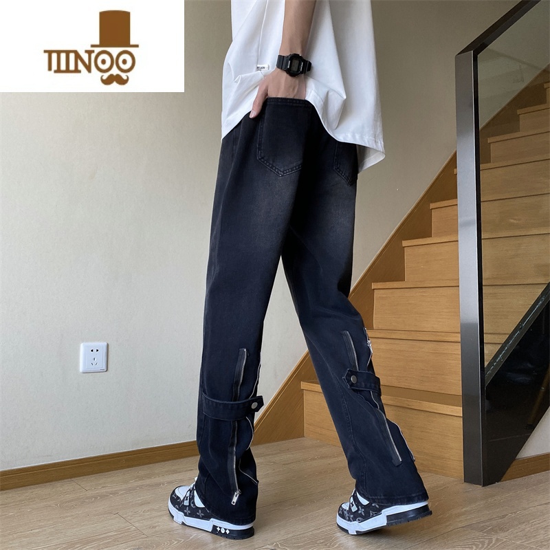 YANXU高街美式vibe拉链牛仔裤男款宽松休闲复古痞帅设计感直筒长裤子拉高清大图