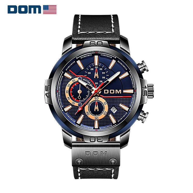 美国dom多姆品牌时尚真皮潮流手表三眼指针运动手表男蓝宝镜欧美大盘