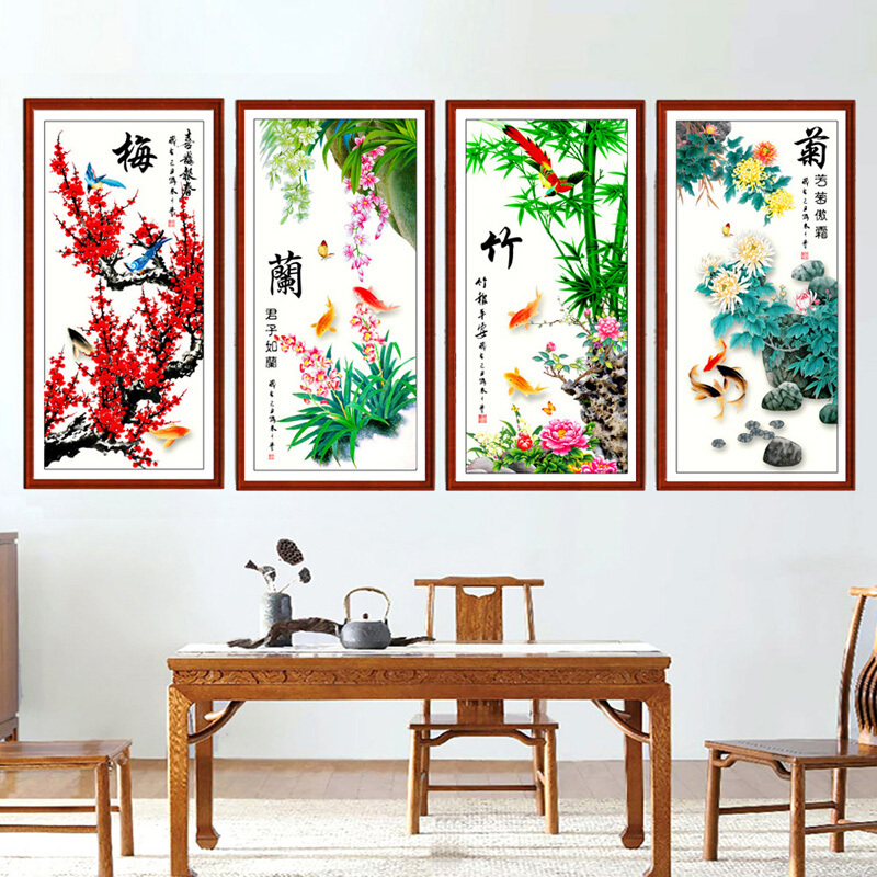 十字绣梅兰竹菊新版客厅四扇屏春夏秋冬四君子版大幅风景棉线线绣系列满钻点钻贴钻石画